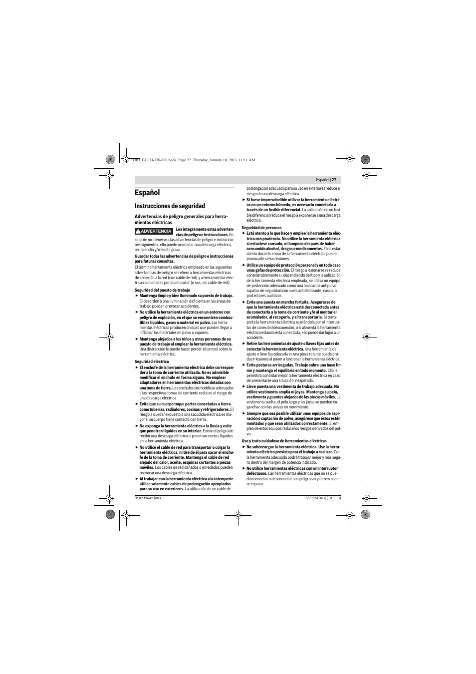 Español, Instrucciones de seguridad | Bosch GBH 3-28 DRE Professional User Manual | Page 27 / 207