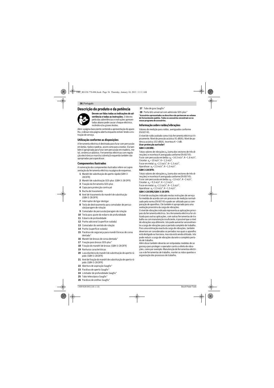 Descrição do produto e da potência | Bosch GBH 3-28 DRE Professional User Manual | Page 36 / 207