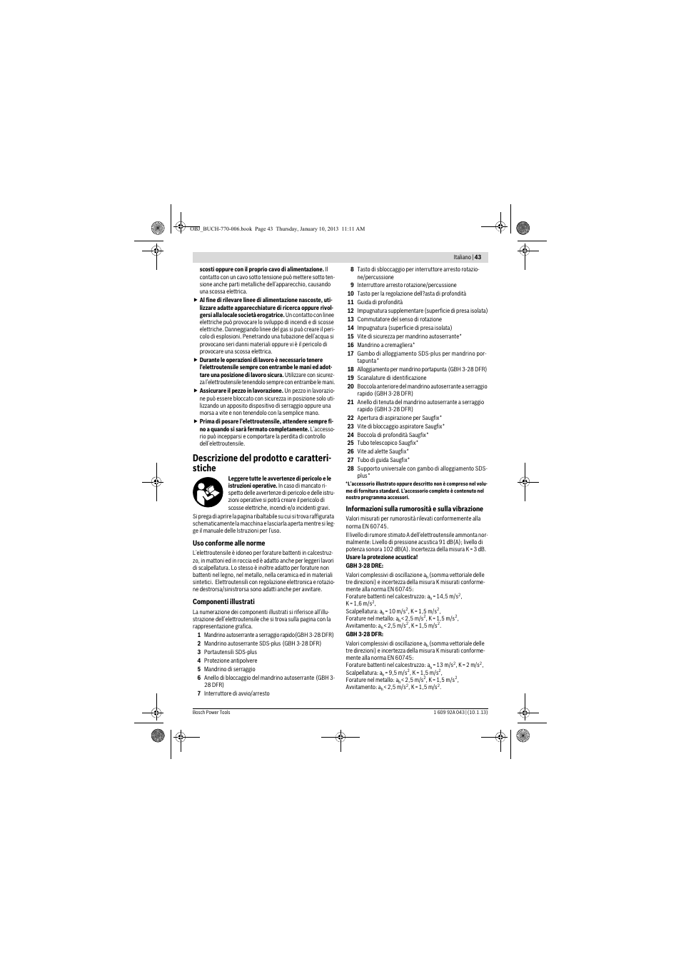 Descrizione del prodotto e caratteri- stiche | Bosch GBH 3-28 DRE Professional User Manual | Page 43 / 207