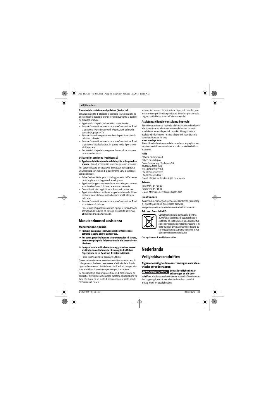 Nederlands, Manutenzione ed assistenza, Veiligheidsvoorschriften | Bosch GBH 3-28 DRE Professional User Manual | Page 48 / 207