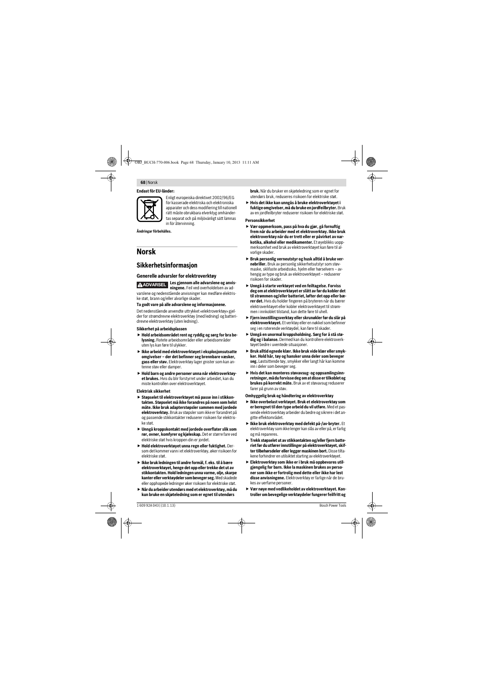 Norsk, Sikkerhetsinformasjon | Bosch GBH 3-28 DRE Professional User Manual | Page 68 / 207