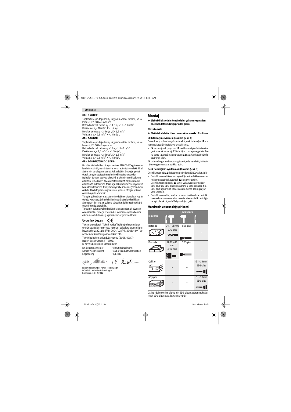 Montaj | Bosch GBH 3-28 DRE Professional User Manual | Page 90 / 207