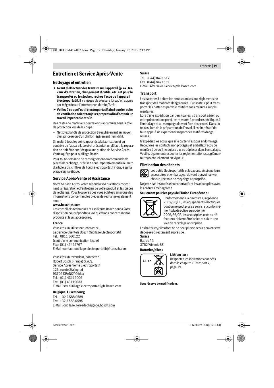 Entretien et service après-vente | Bosch GUS 10,8 V-LI Professional User Manual | Page 19 / 145