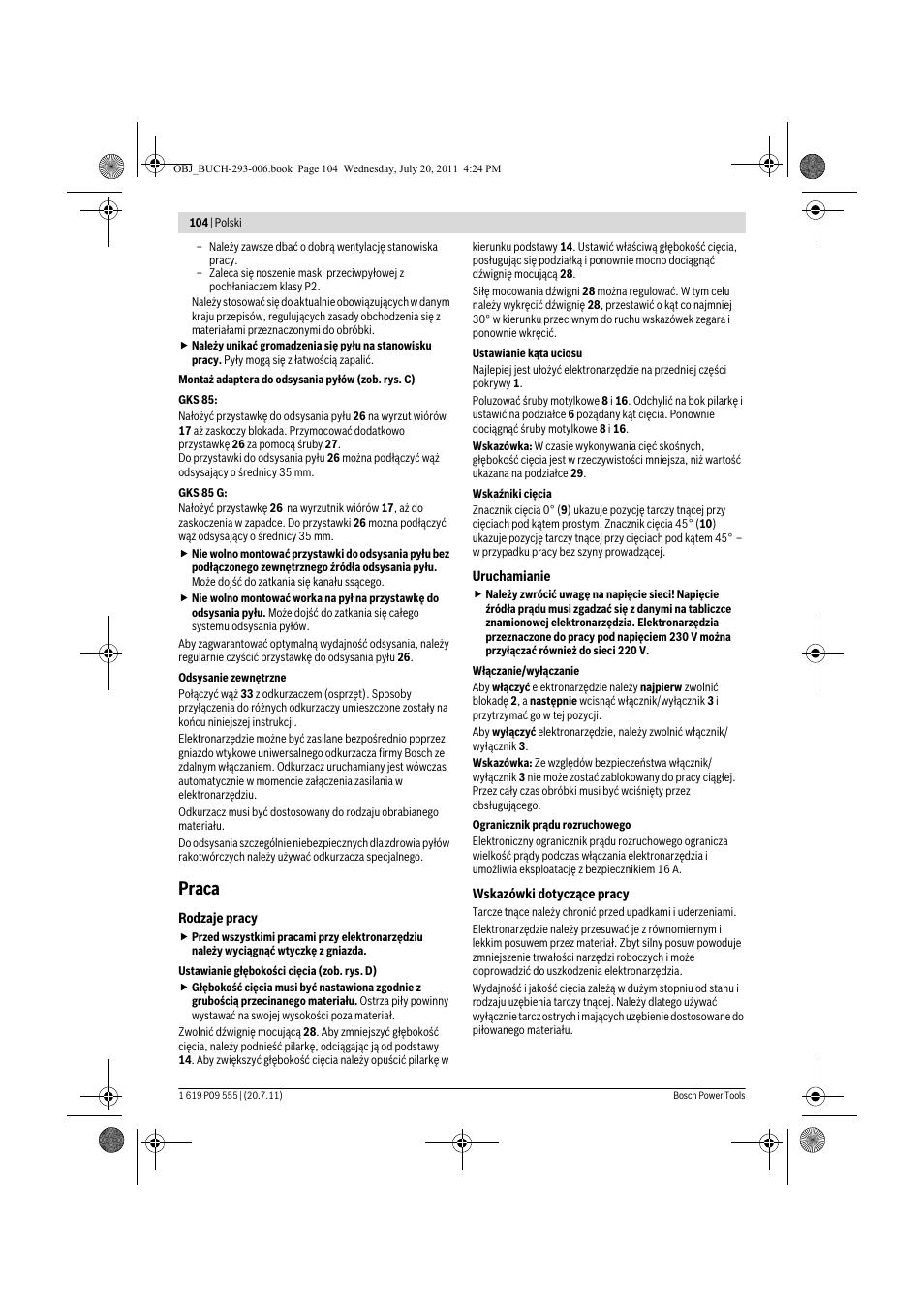Praca | Bosch GKS 85 G Professional User Manual | Page 104 / 217