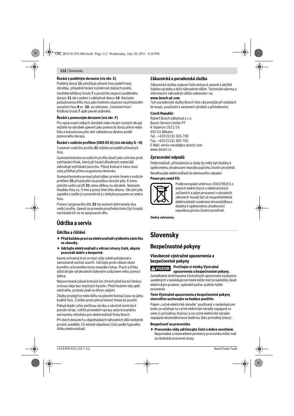 Slovensky, Údržba a servis, Bezpečnostné pokyny | Bosch GKS 85 G Professional User Manual | Page 112 / 217