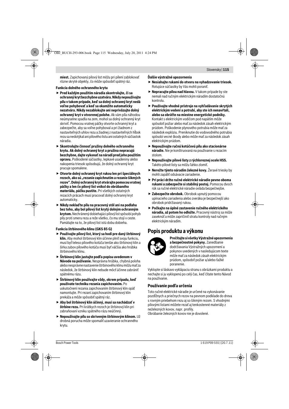 Popis produktu a výkonu | Bosch GKS 85 G Professional User Manual | Page 115 / 217