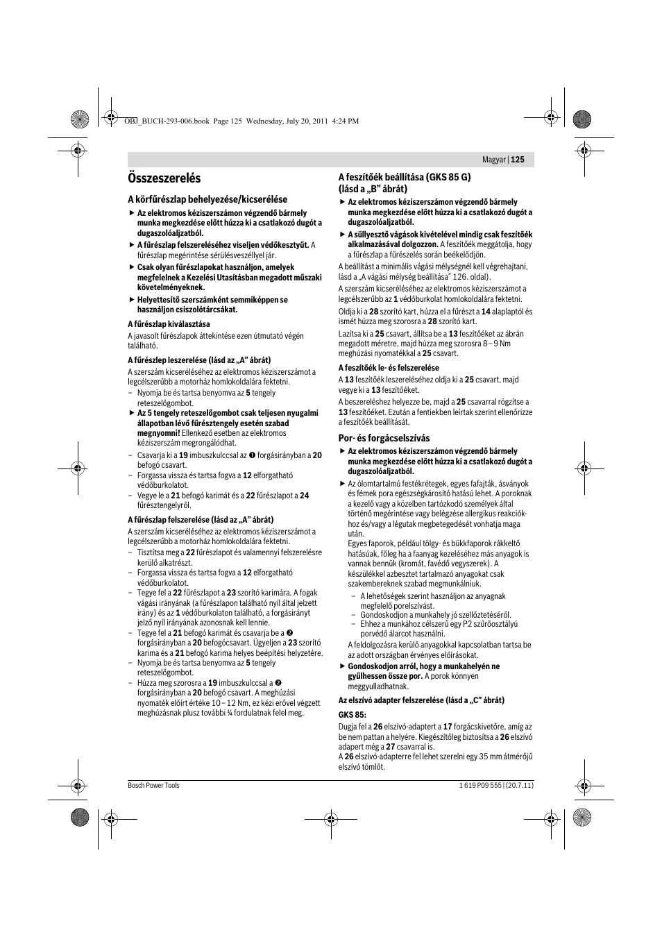 Összeszerelés | Bosch GKS 85 G Professional User Manual | Page 125 / 217