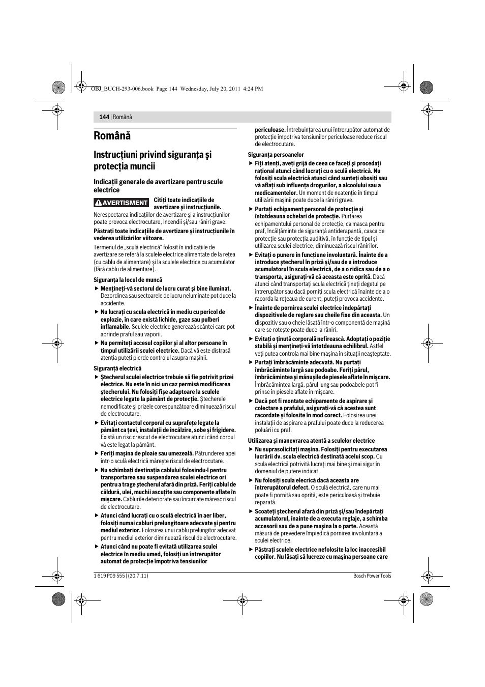 Română, Instrucţiuni privind siguranţa şi protecţia muncii | Bosch GKS 85 G Professional User Manual | Page 144 / 217