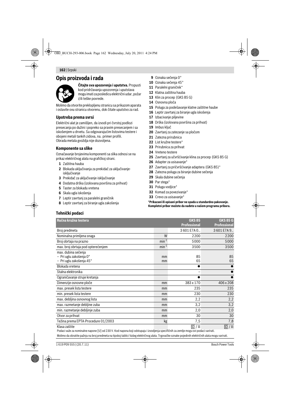 Opis proizvoda i rada | Bosch GKS 85 G Professional User Manual | Page 162 / 217