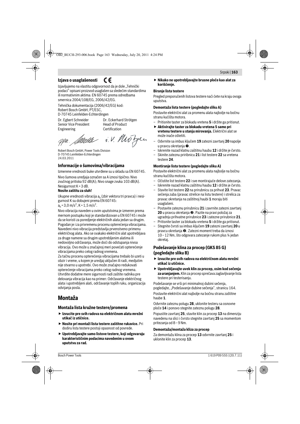 Montaža | Bosch GKS 85 G Professional User Manual | Page 163 / 217