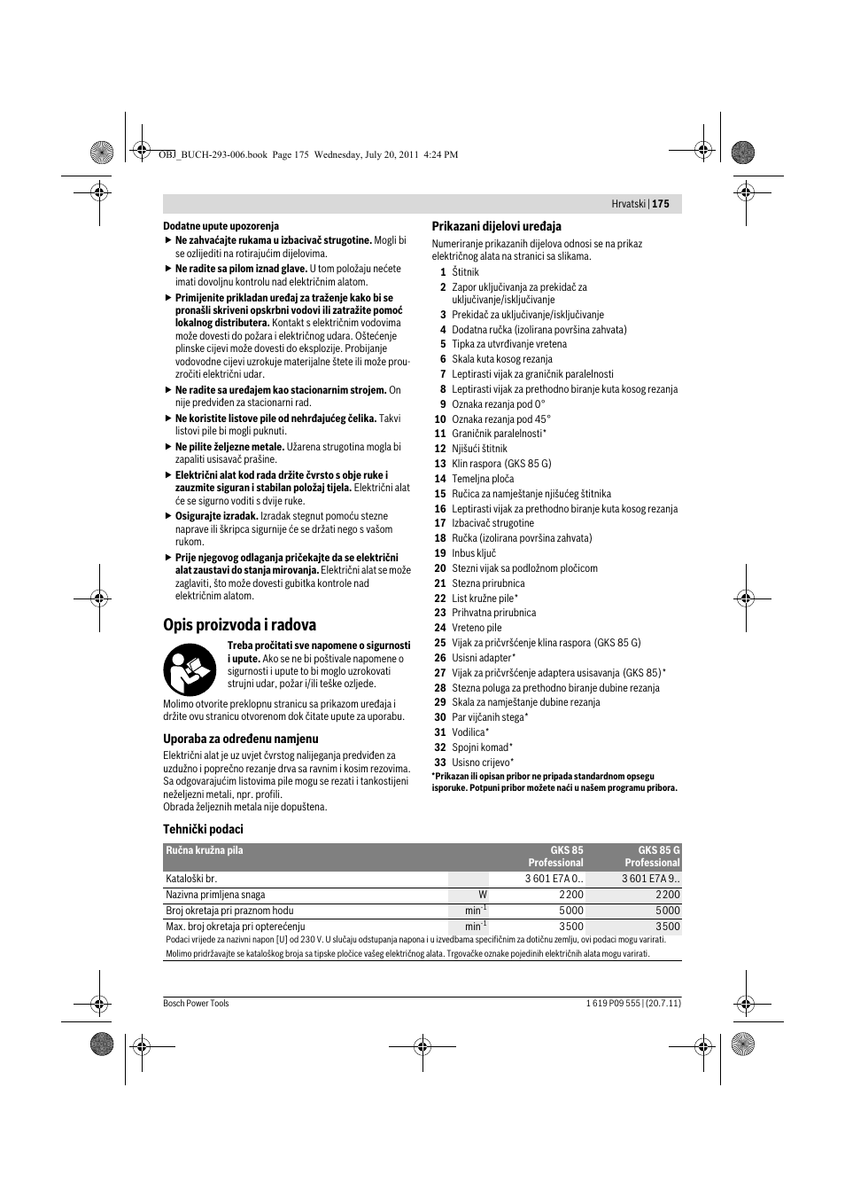 Opis proizvoda i radova | Bosch GKS 85 G Professional User Manual | Page 175 / 217