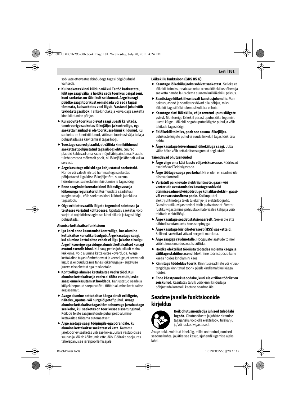 Seadme ja selle funktsioonide kirjeldus | Bosch GKS 85 G Professional User Manual | Page 181 / 217