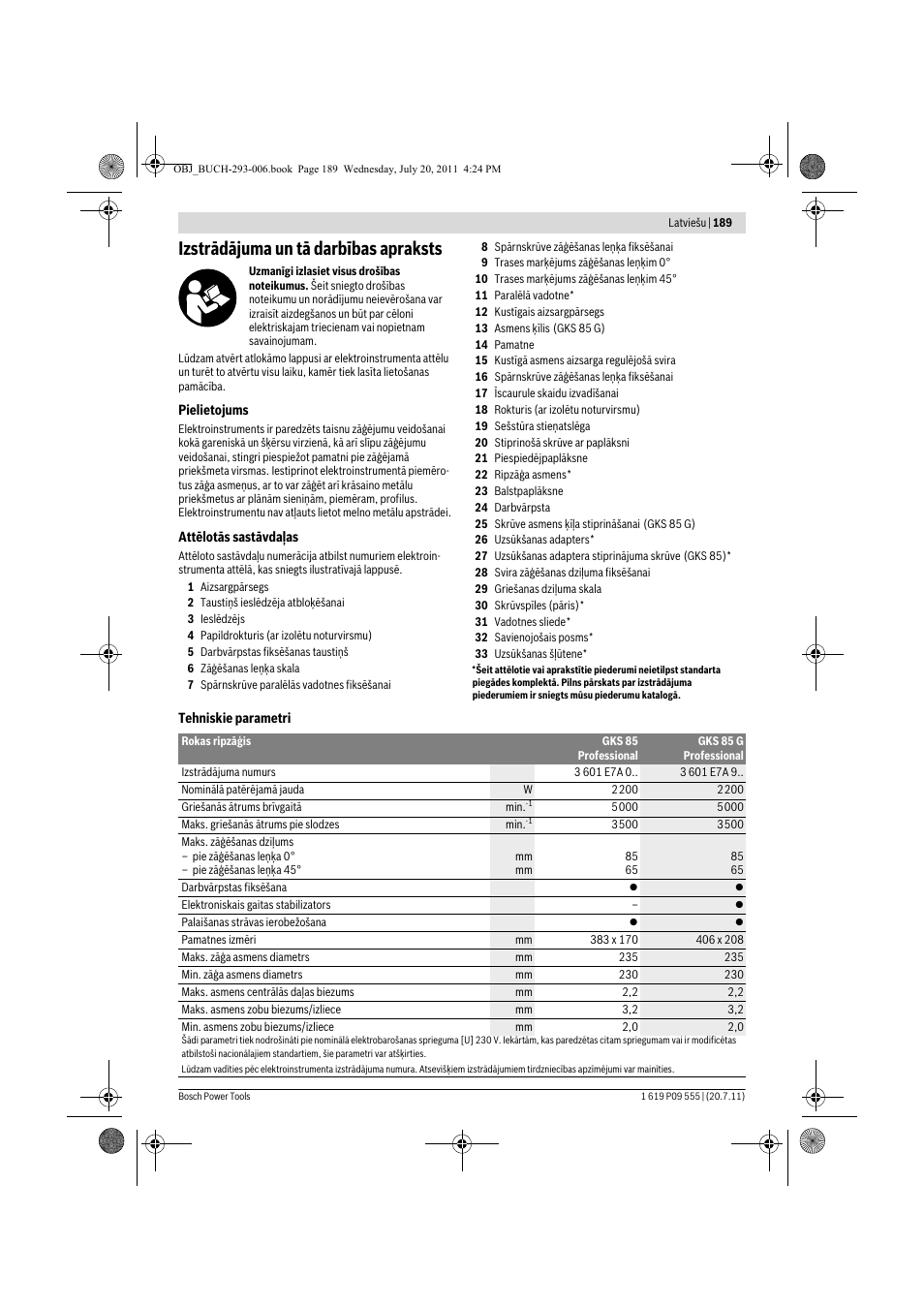 Izstrādājuma un tā darbības apraksts | Bosch GKS 85 G Professional User Manual | Page 189 / 217