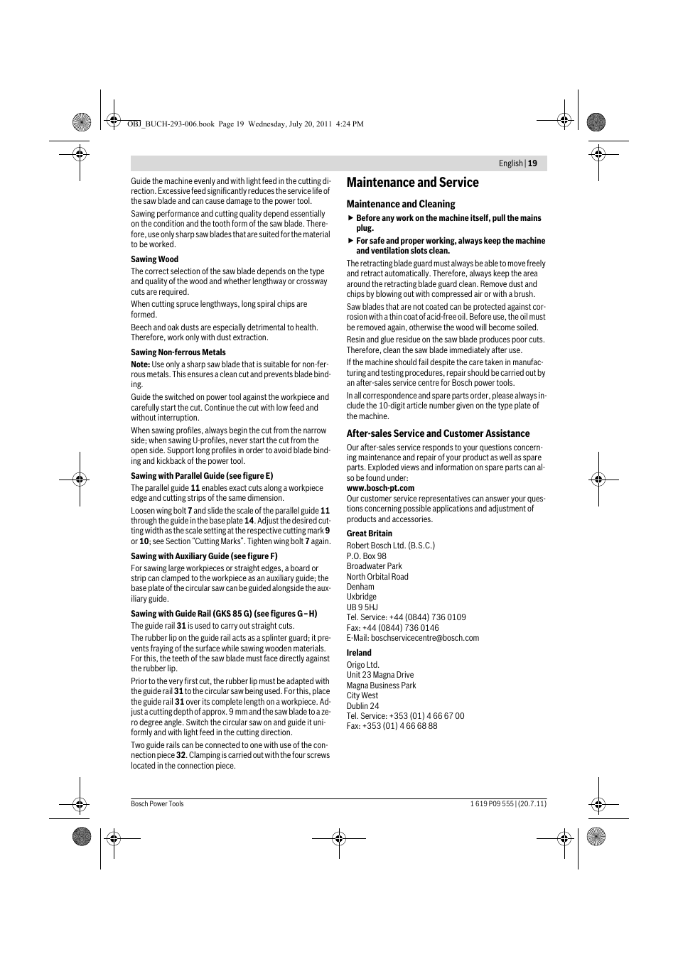 Maintenance and service | Bosch GKS 85 G Professional User Manual | Page 19 / 217