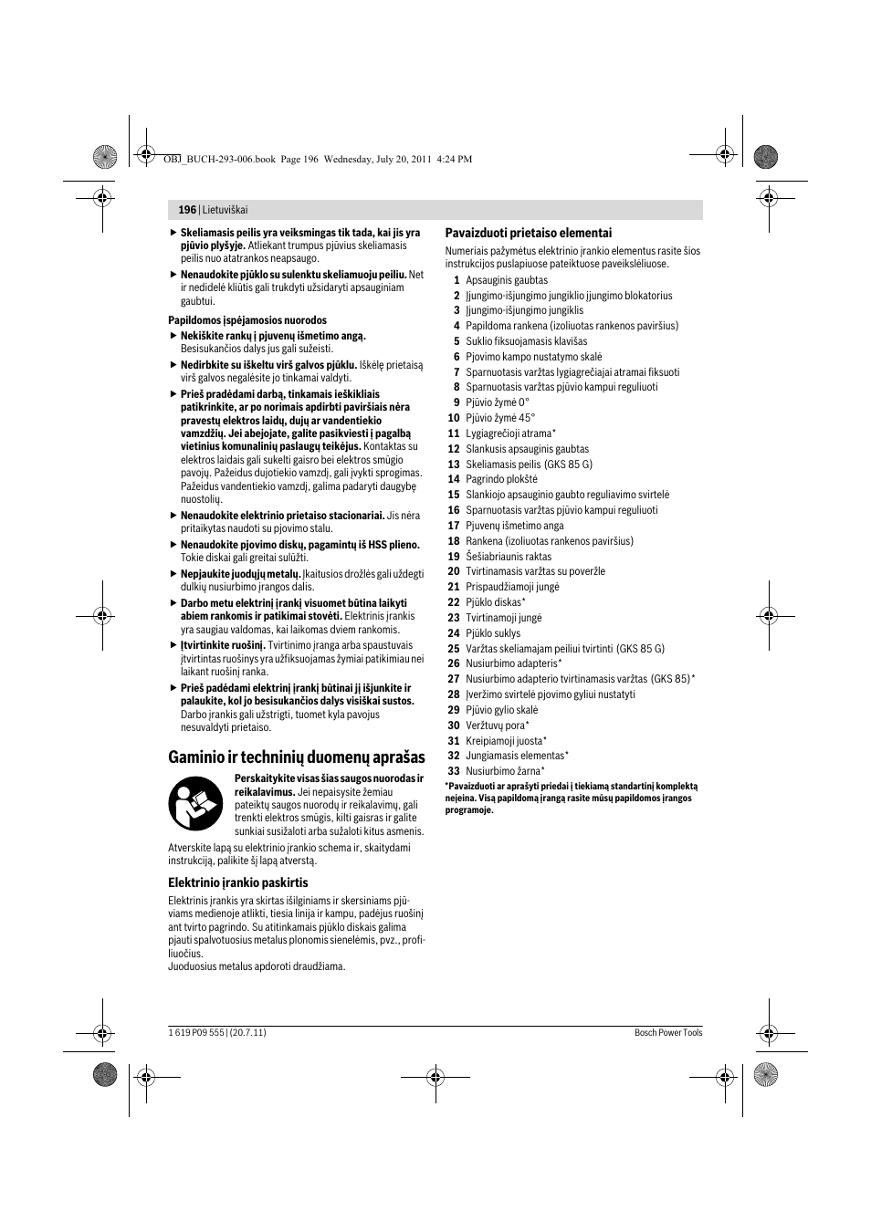 Gaminio ir techninių duomenų aprašas | Bosch GKS 85 G Professional User Manual | Page 196 / 217