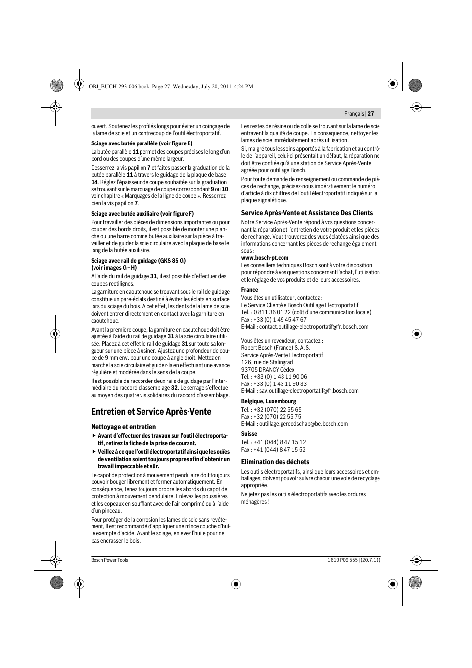 Entretien et service après-vente | Bosch GKS 85 G Professional User Manual | Page 27 / 217