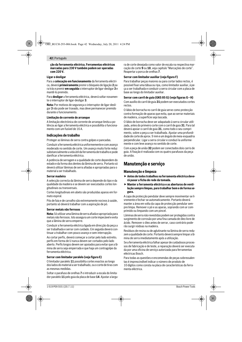Manutenção e serviço | Bosch GKS 85 G Professional User Manual | Page 42 / 217