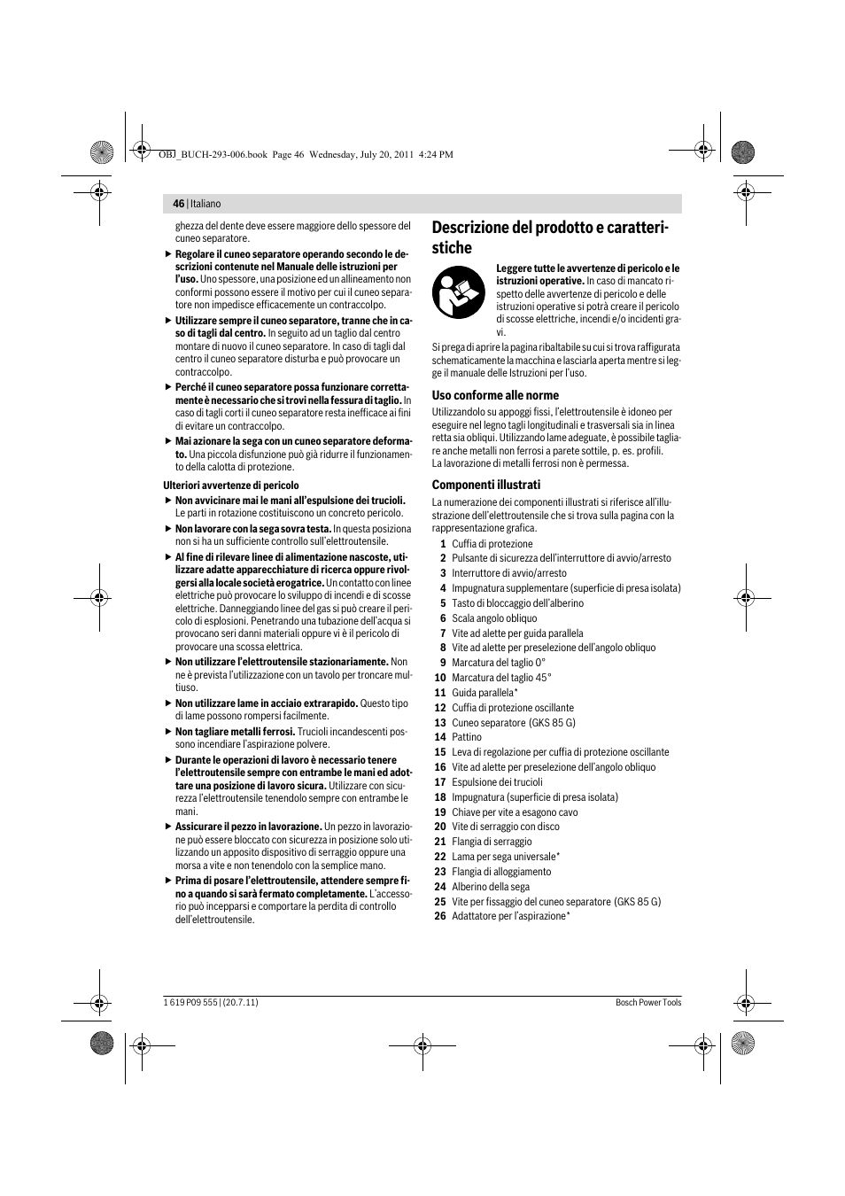 Descrizione del prodotto e caratteri- stiche | Bosch GKS 85 G Professional User Manual | Page 46 / 217