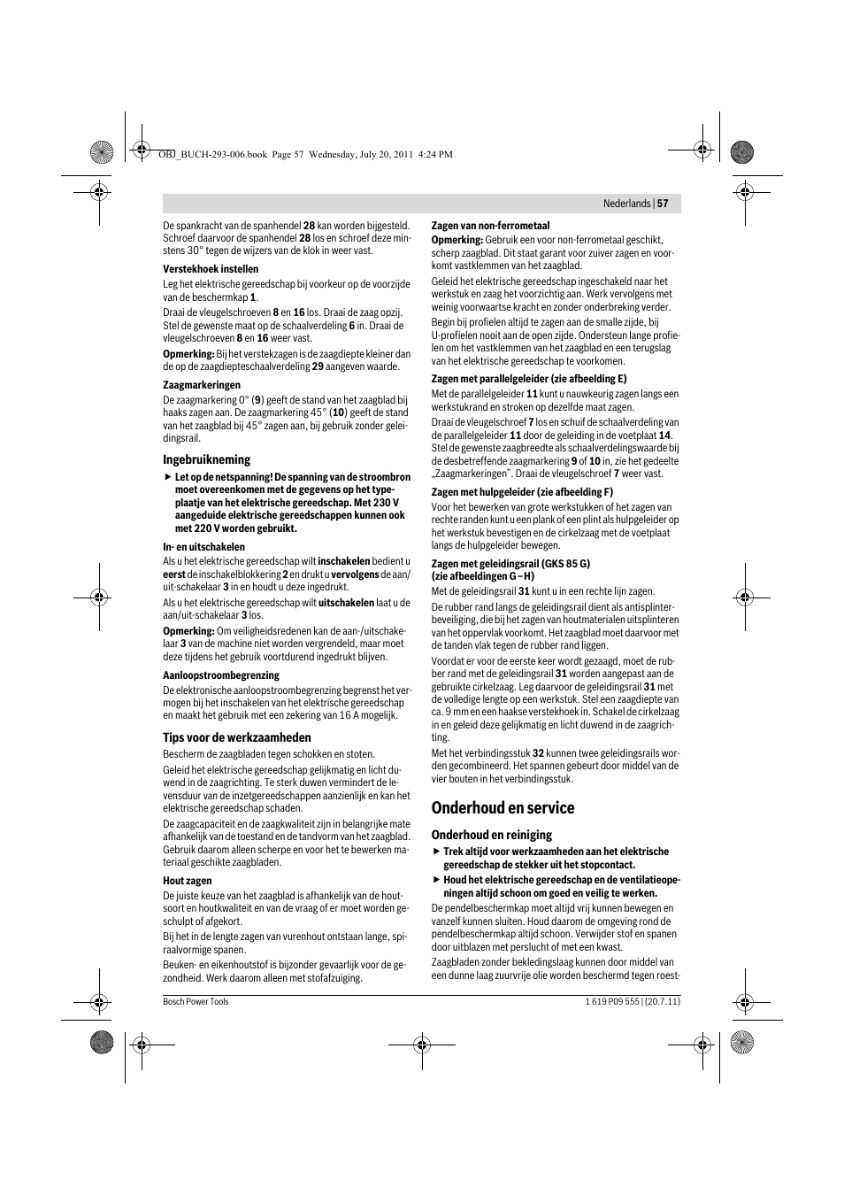 Onderhoud en service | Bosch GKS 85 G Professional User Manual | Page 57 / 217
