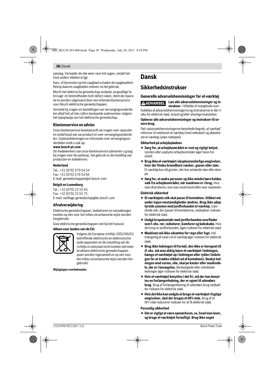 Dansk, Sikkerhedsinstrukser | Bosch GKS 85 G Professional User Manual | Page 58 / 217