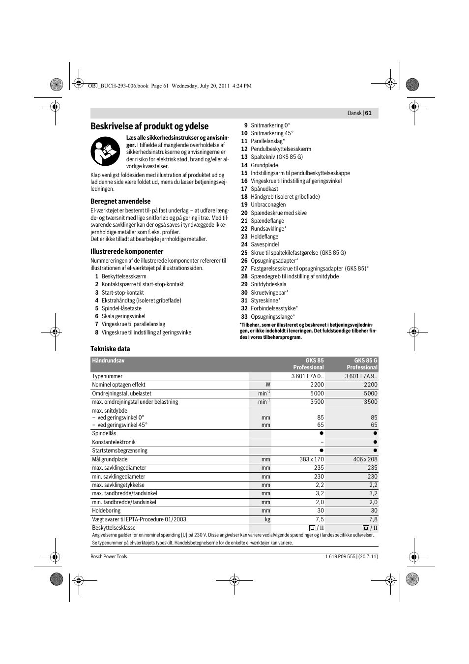 Beskrivelse af produkt og ydelse | Bosch GKS 85 G Professional User Manual | Page 61 / 217