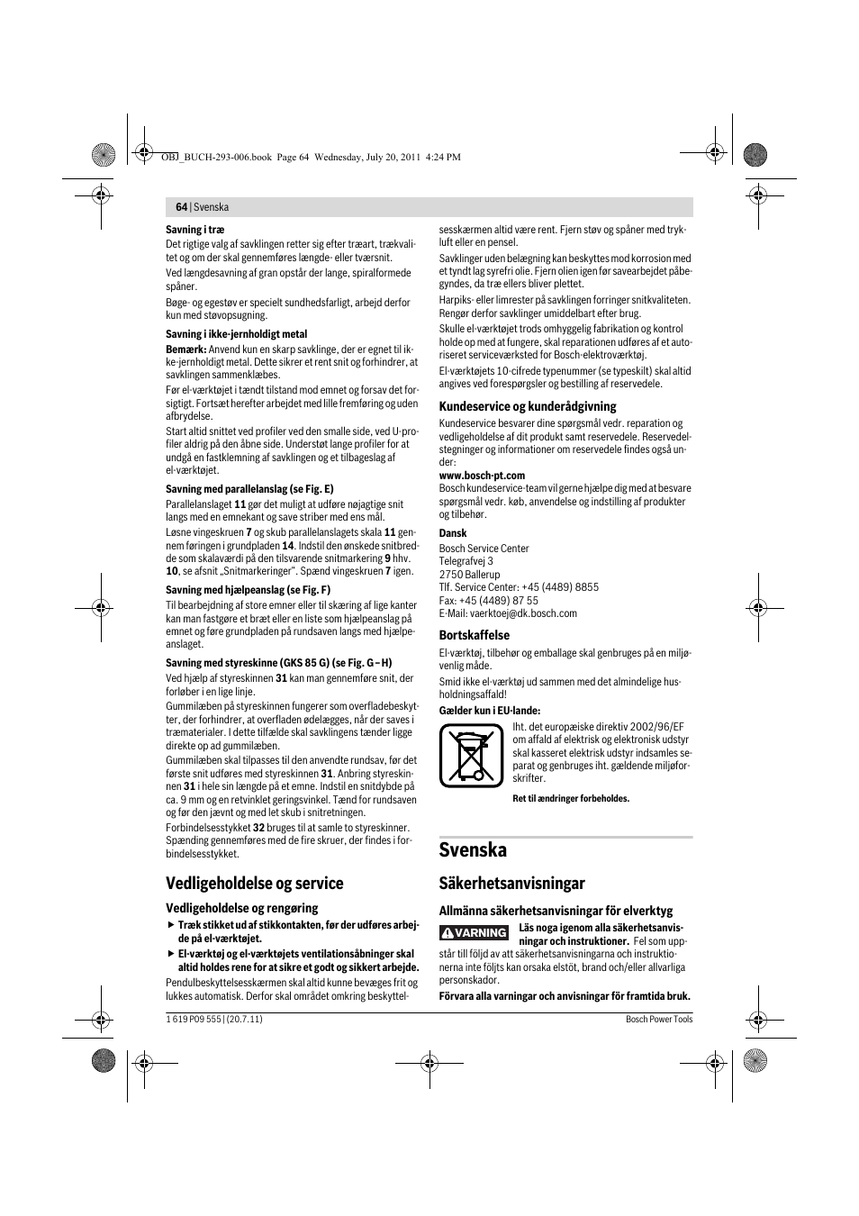 Svenska, Vedligeholdelse og service, Säkerhetsanvisningar | Bosch GKS 85 G Professional User Manual | Page 64 / 217