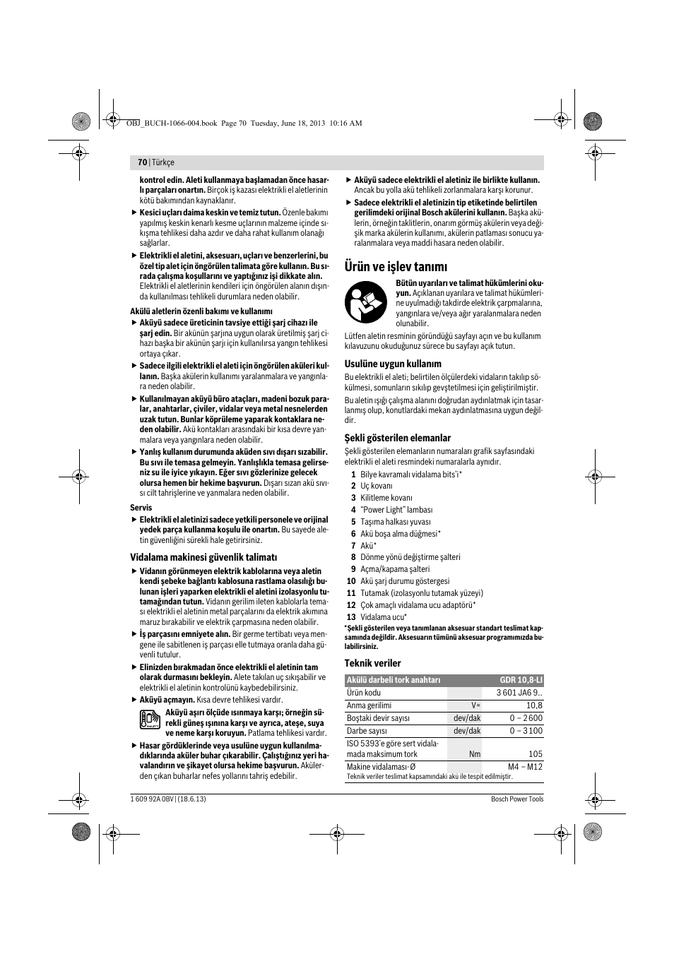 Ürün ve işlev tanımı | Bosch GDR 10,8-LI Professional User Manual | Page 70 / 171