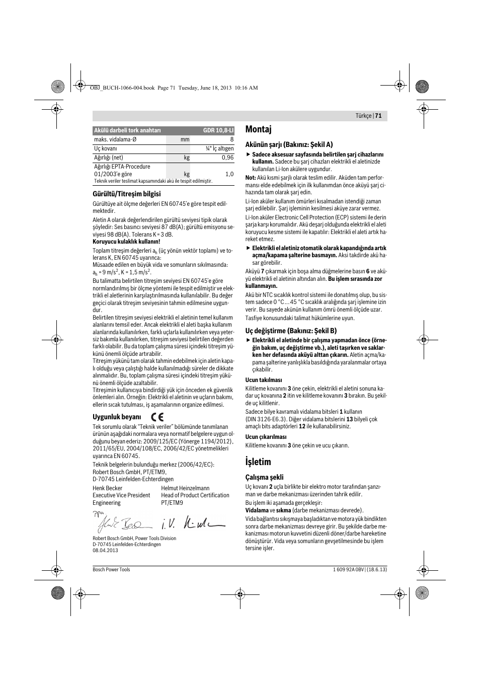 Montaj, Işletim | Bosch GDR 10,8-LI Professional User Manual | Page 71 / 171