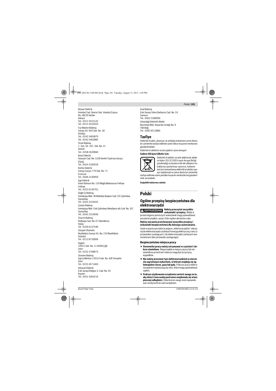 Polski, Tasfiye, Ogólne przepisy bezpieczeństwa dla elektronarzędzi | Bosch GWS 7-125 Professional User Manual | Page 101 / 257