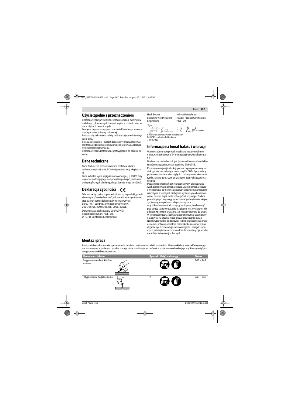 Użycie zgodne z przeznaczeniem, Dane techniczne, Deklaracja zgodności | Informacja na temat hałasu i wibracji, Montaż i praca | Bosch GWS 7-125 Professional User Manual | Page 107 / 257