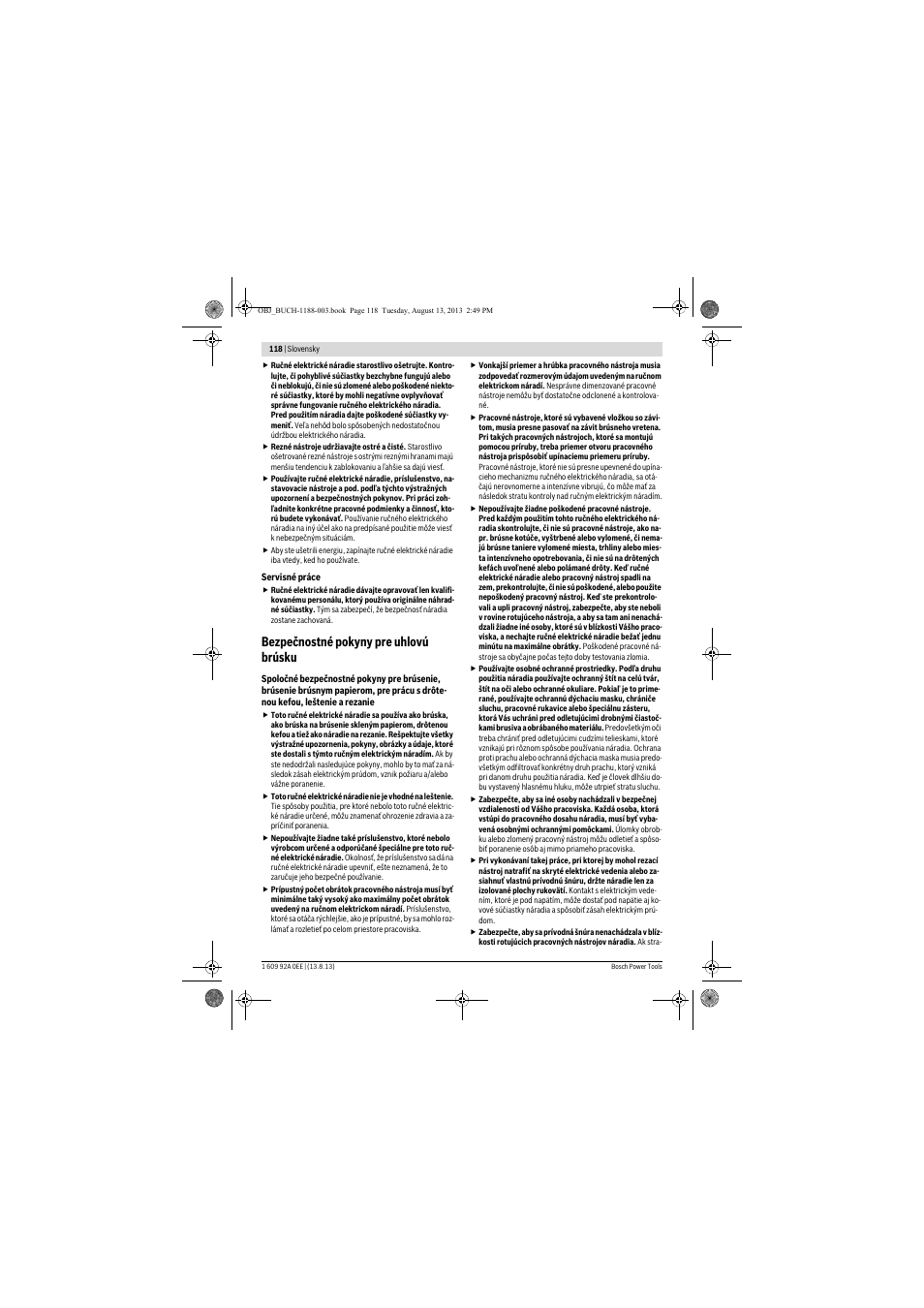 Bezpečnostné pokyny pre uhlovú brúsku | Bosch GWS 7-125 Professional User Manual | Page 118 / 257
