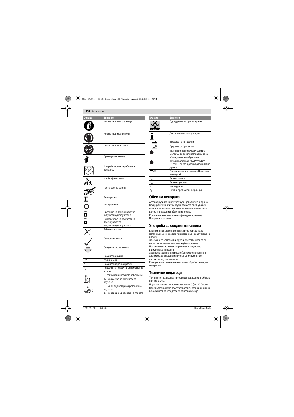 Обем на испорака, Употреба со соодветна намена, Технички податоци | Bosch GWS 7-125 Professional User Manual | Page 178 / 257