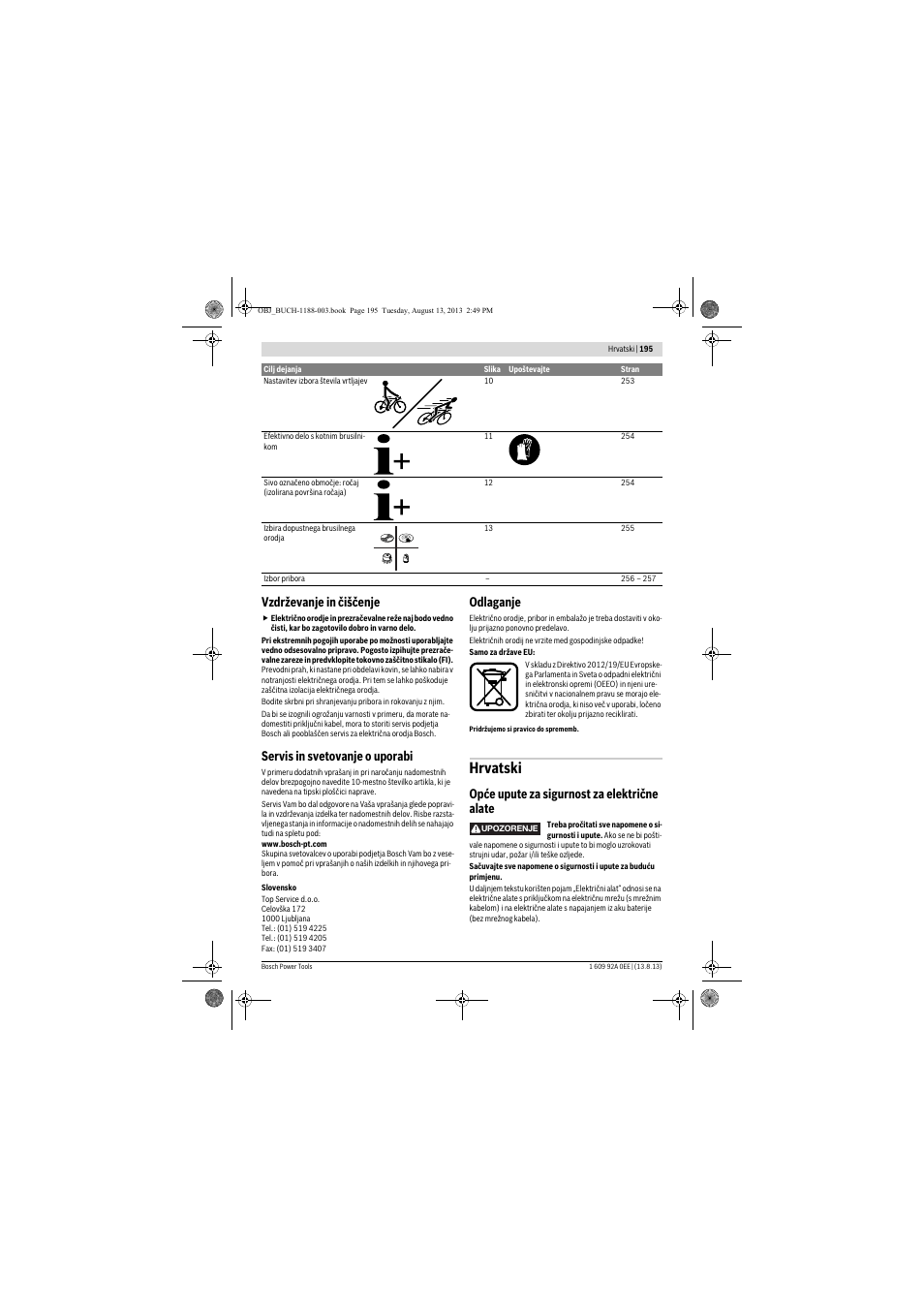 Hrvatski, Vzdrževanje in čiščenje, Servis in svetovanje o uporabi | Odlaganje, Opće upute za sigurnost za električne alate | Bosch GWS 7-125 Professional User Manual | Page 195 / 257