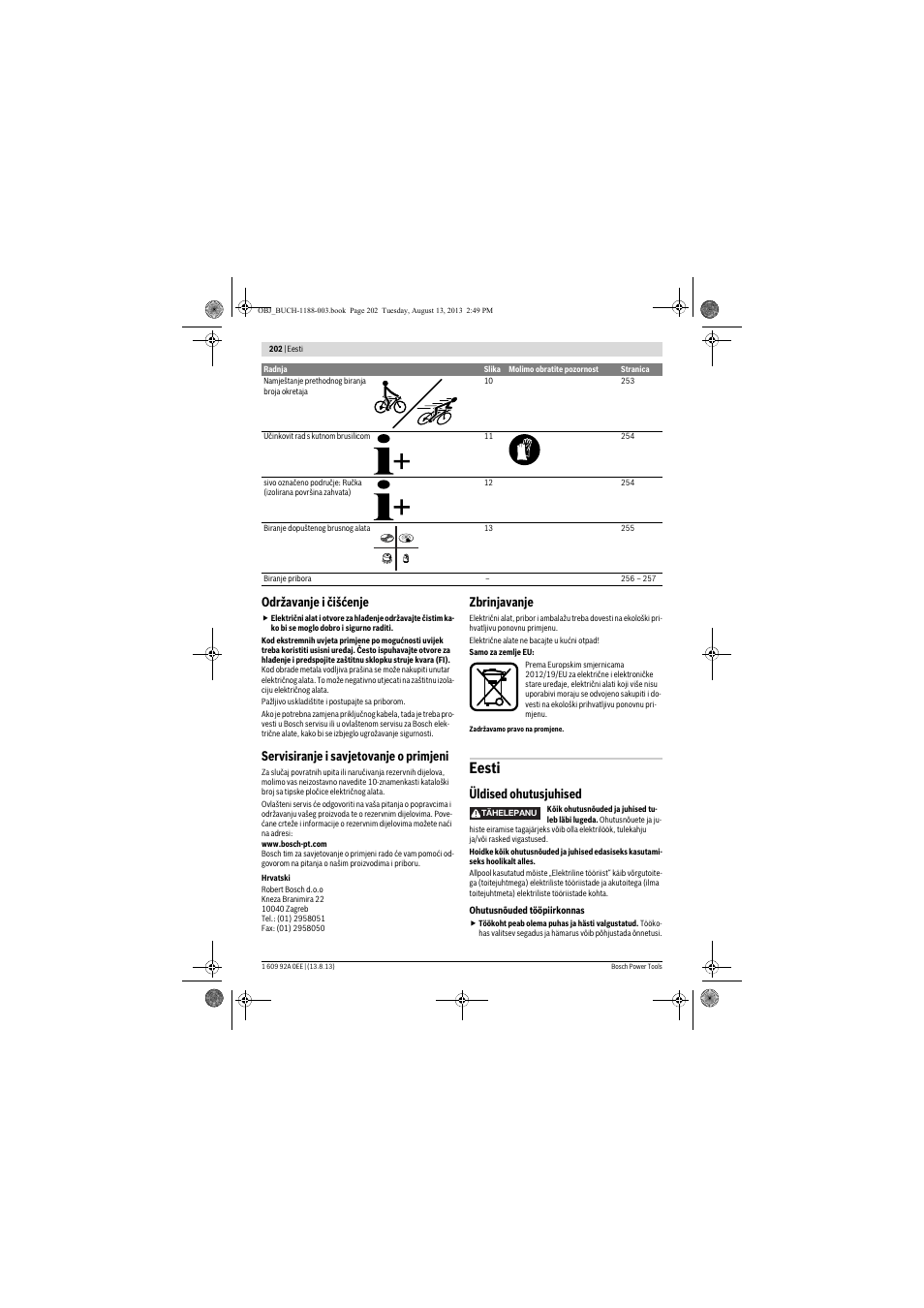 Eesti, Održavanje i čišćenje, Servisiranje i savjetovanje o primjeni | Zbrinjavanje, Üldised ohutusjuhised | Bosch GWS 7-125 Professional User Manual | Page 202 / 257