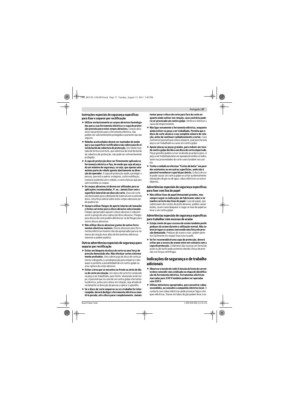 Indicações de segurança e de trabalho adicionais | Bosch GWS 7-125 Professional User Manual | Page 37 / 257