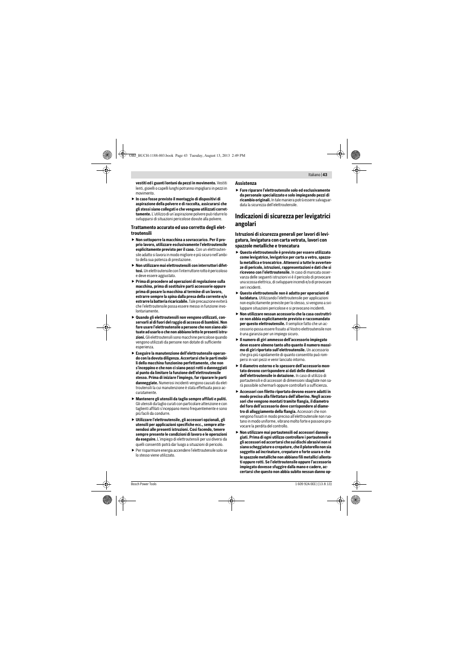 Indicazioni di sicurezza per levigatrici angolari | Bosch GWS 7-125 Professional User Manual | Page 43 / 257