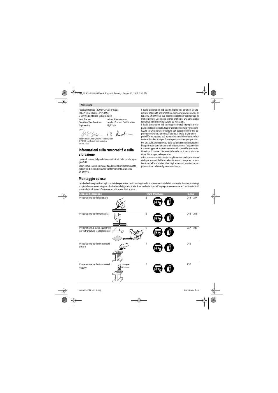 Informazioni sulla rumorosità e sulla vibrazione, Montaggio ed uso | Bosch GWS 7-125 Professional User Manual | Page 48 / 257