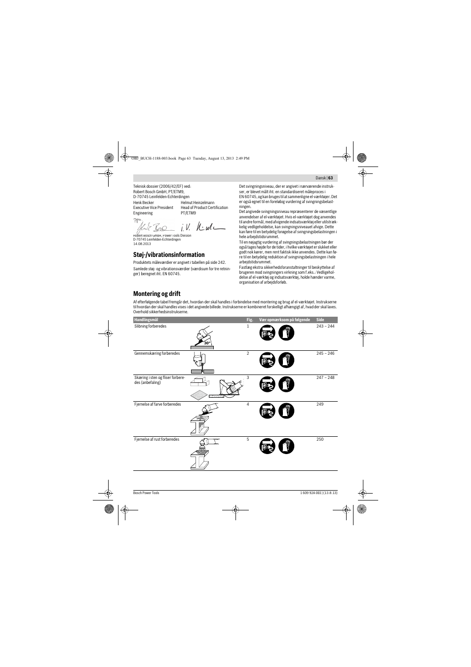Støj-/vibrationsinformation, Montering og drift | Bosch GWS 7-125 Professional User Manual | Page 63 / 257