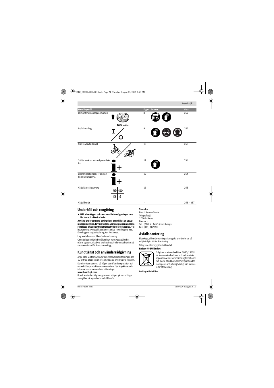 Underhåll och rengöring, Kundtjänst och användarrådgivning, Avfallshantering | Bosch GWS 7-125 Professional User Manual | Page 71 / 257