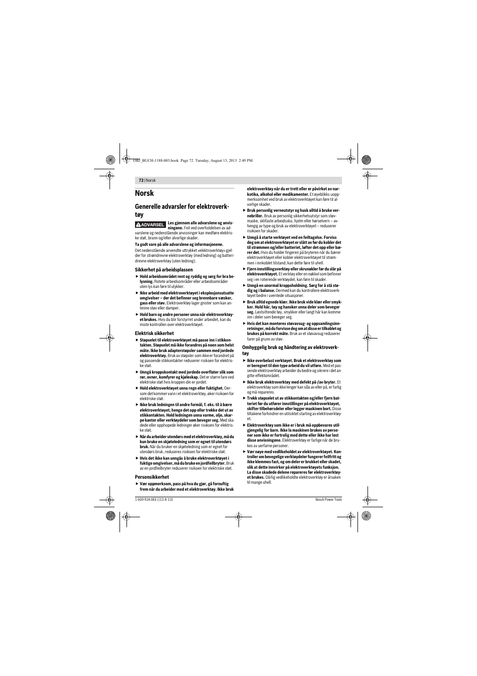 Norsk, Generelle advarsler for elektroverk- tøy | Bosch GWS 7-125 Professional User Manual | Page 72 / 257