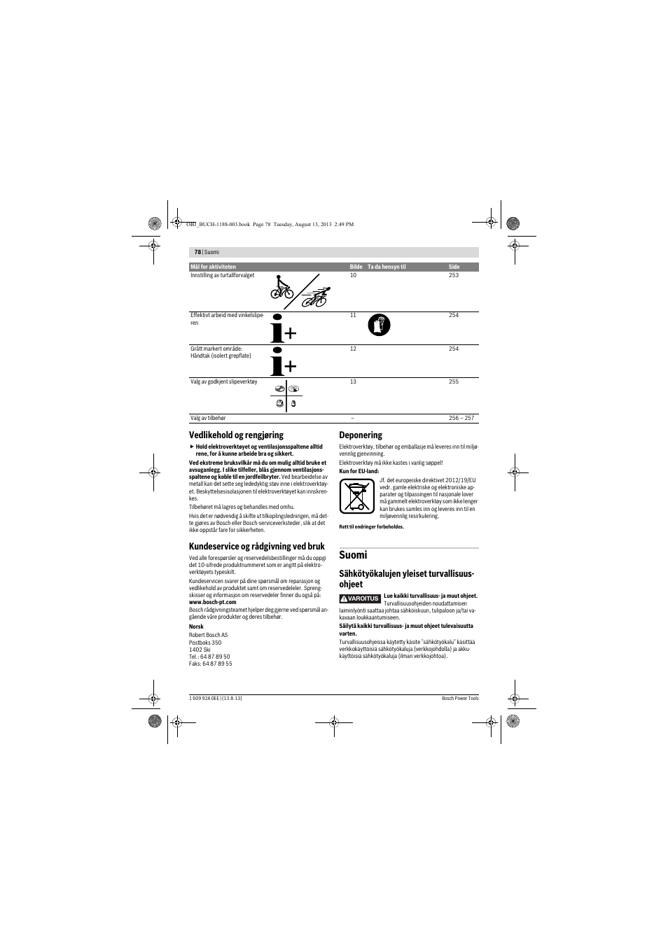 Suomi, Vedlikehold og rengjøring, Kundeservice og rådgivning ved bruk | Deponering, Sähkötyökalujen yleiset turvallisuus- ohjeet | Bosch GWS 7-125 Professional User Manual | Page 78 / 257