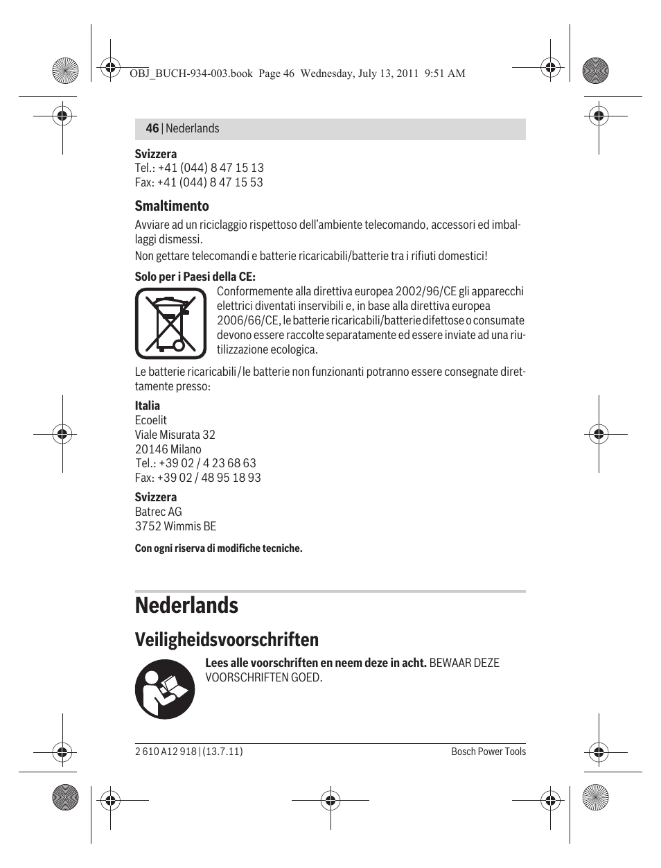 Nederlands, Veiligheidsvoorschriften | Bosch RC 1 Professional User Manual | Page 46 / 188