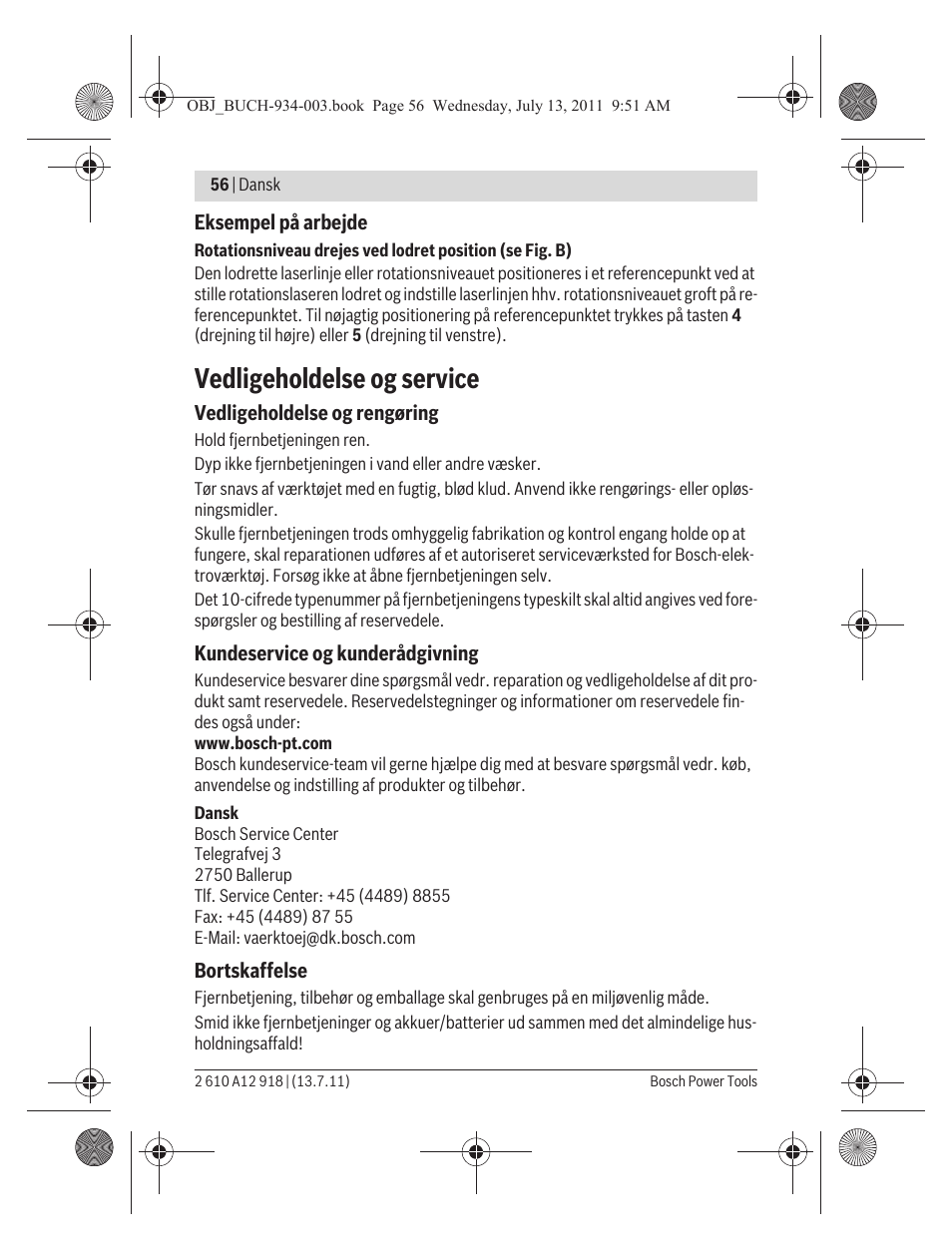 Vedligeholdelse og service | Bosch RC 1 Professional User Manual | Page 56 / 188