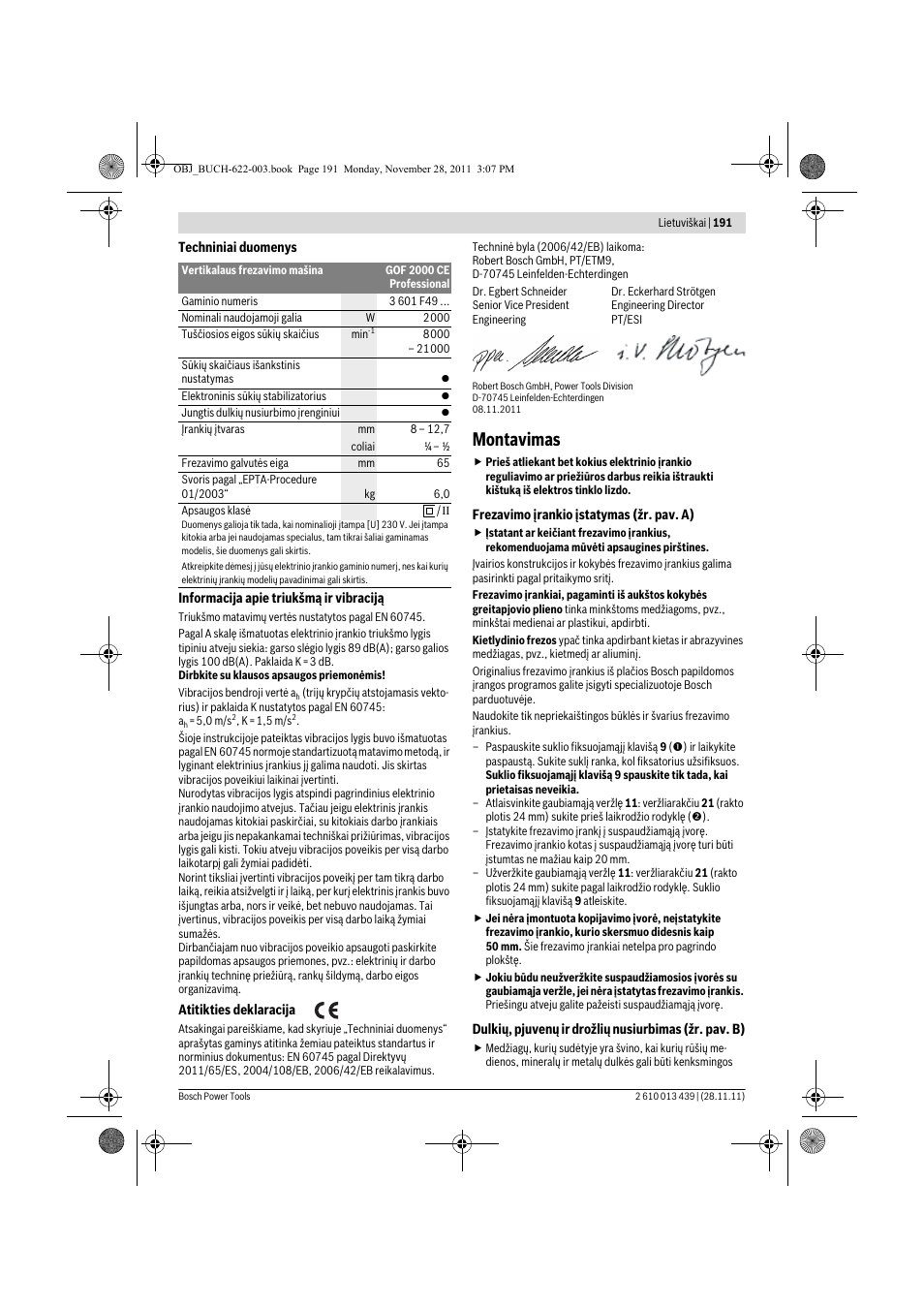 Montavimas | Bosch GOF 2000 CE Professional User Manual | Page 191 / 210
