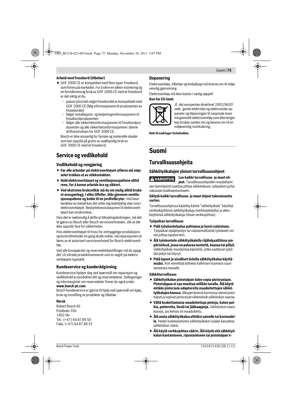 Suomi, Service og vedlikehold, Turvallisuusohjeita | Bosch GOF 2000 CE Professional User Manual | Page 75 / 210