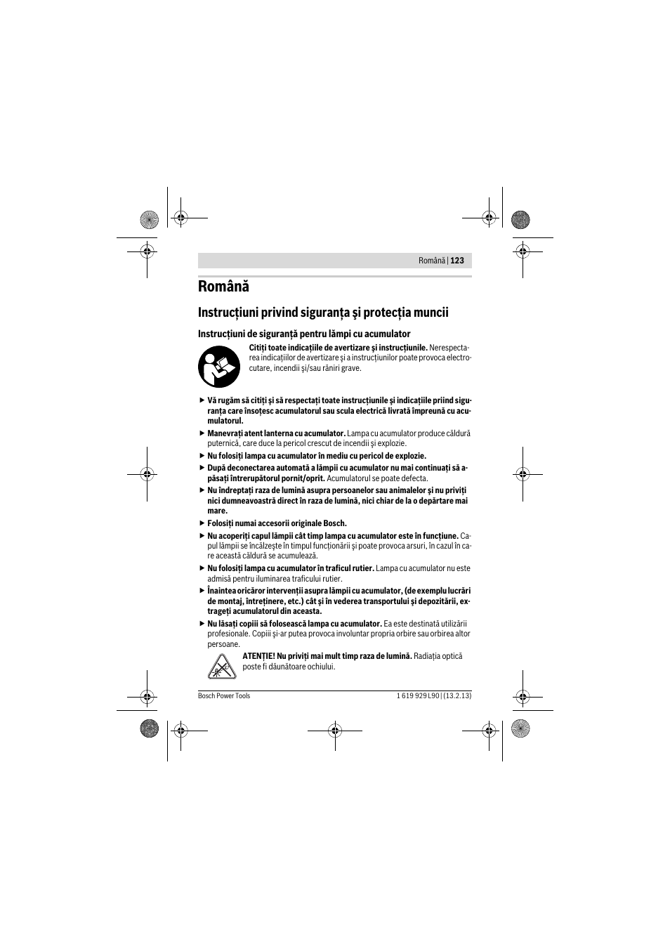 Română, Instrucţiuni privind siguranţa şi protecţia muncii | Bosch PLI 10,8 LI User Manual | Page 123 / 179