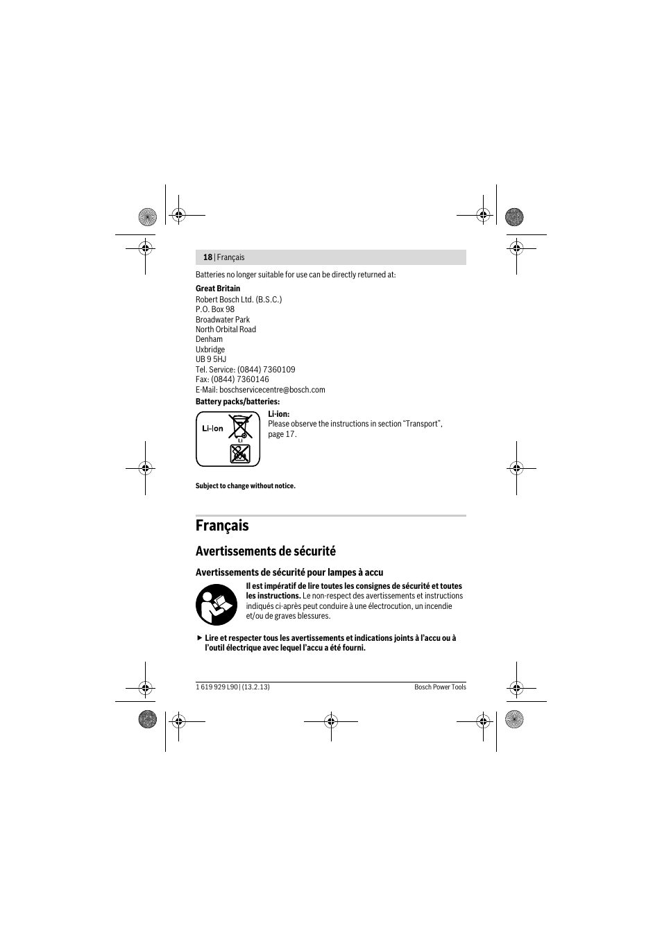 Français, Avertissements de sécurité | Bosch PLI 10,8 LI User Manual | Page 18 / 179