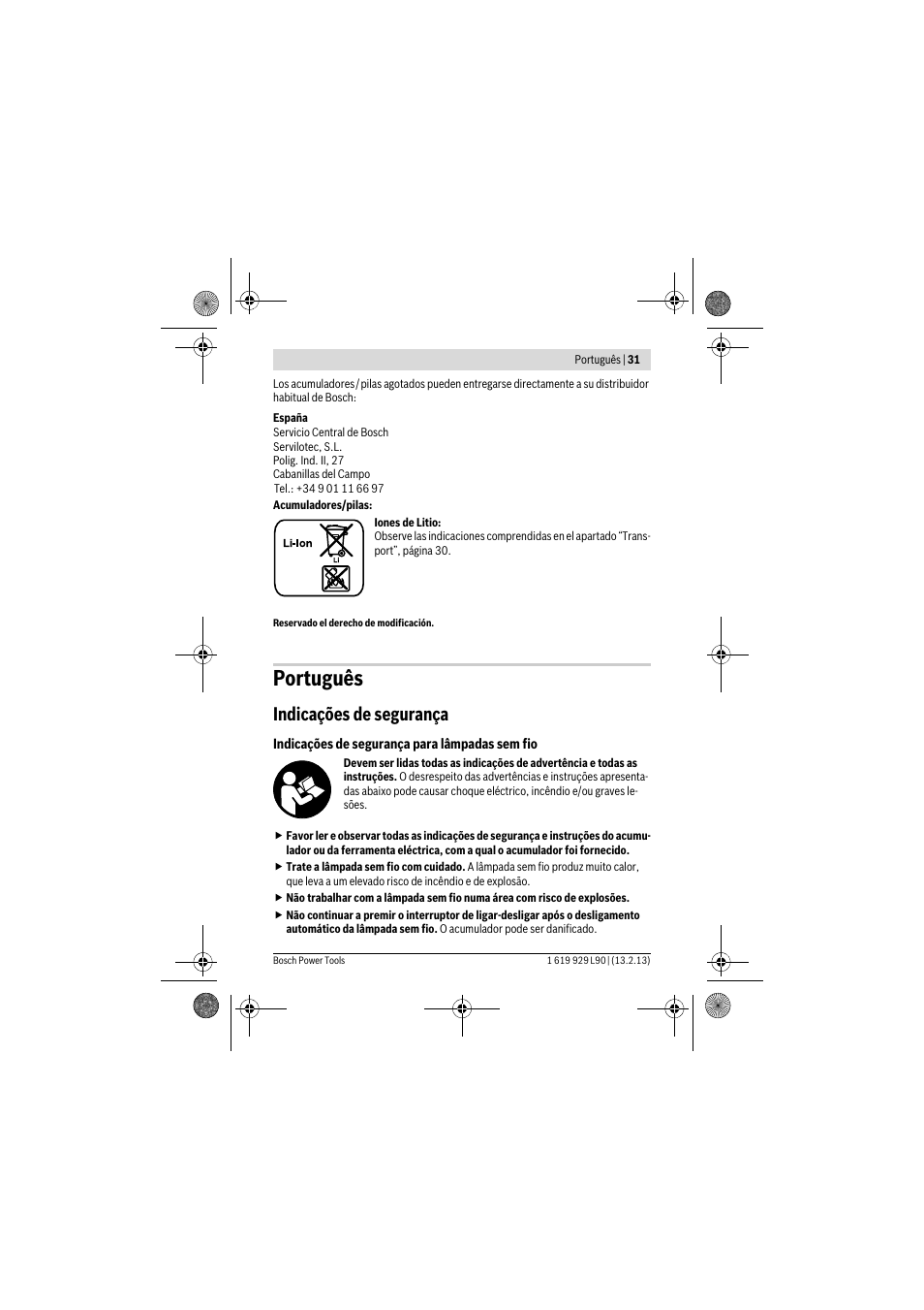 Português, Indicações de segurança | Bosch PLI 10,8 LI User Manual | Page 31 / 179
