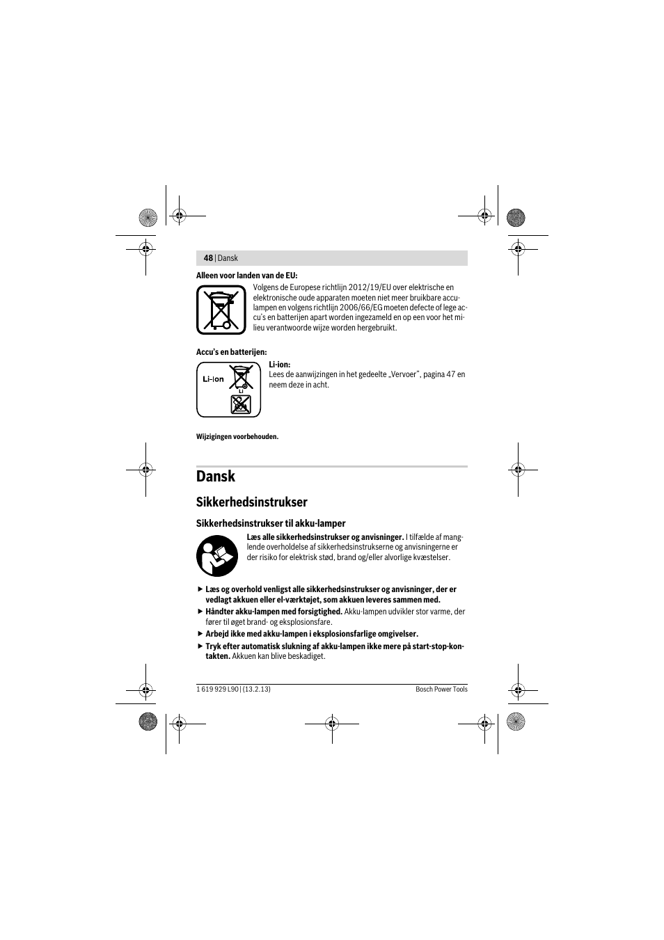 Dansk, Sikkerhedsinstrukser | Bosch PLI 10,8 LI User Manual | Page 48 / 179