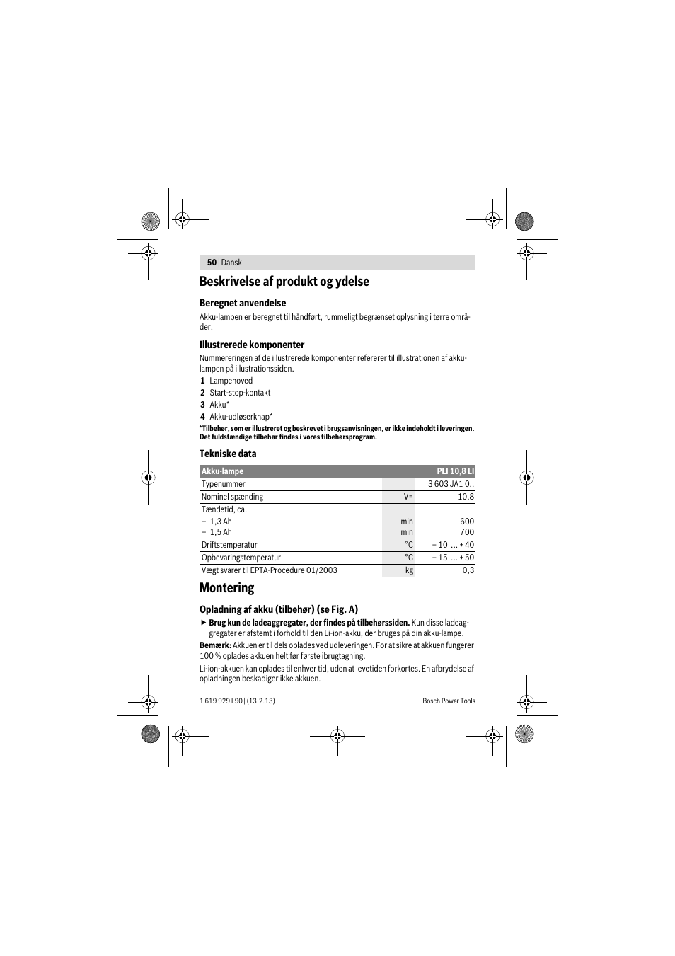 Beskrivelse af produkt og ydelse, Montering | Bosch PLI 10,8 LI User Manual | Page 50 / 179